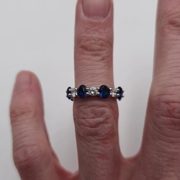 Size 5 Sterling Silver Oval Blue And Round Clear Cubic Zirconia Ring A2734 - Picture 4 of 9